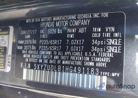 2017 Hyundai Santa Fe Sport 2.4L z USA, uszkodzony, nr VIN 5XYZUDLB1HG491183